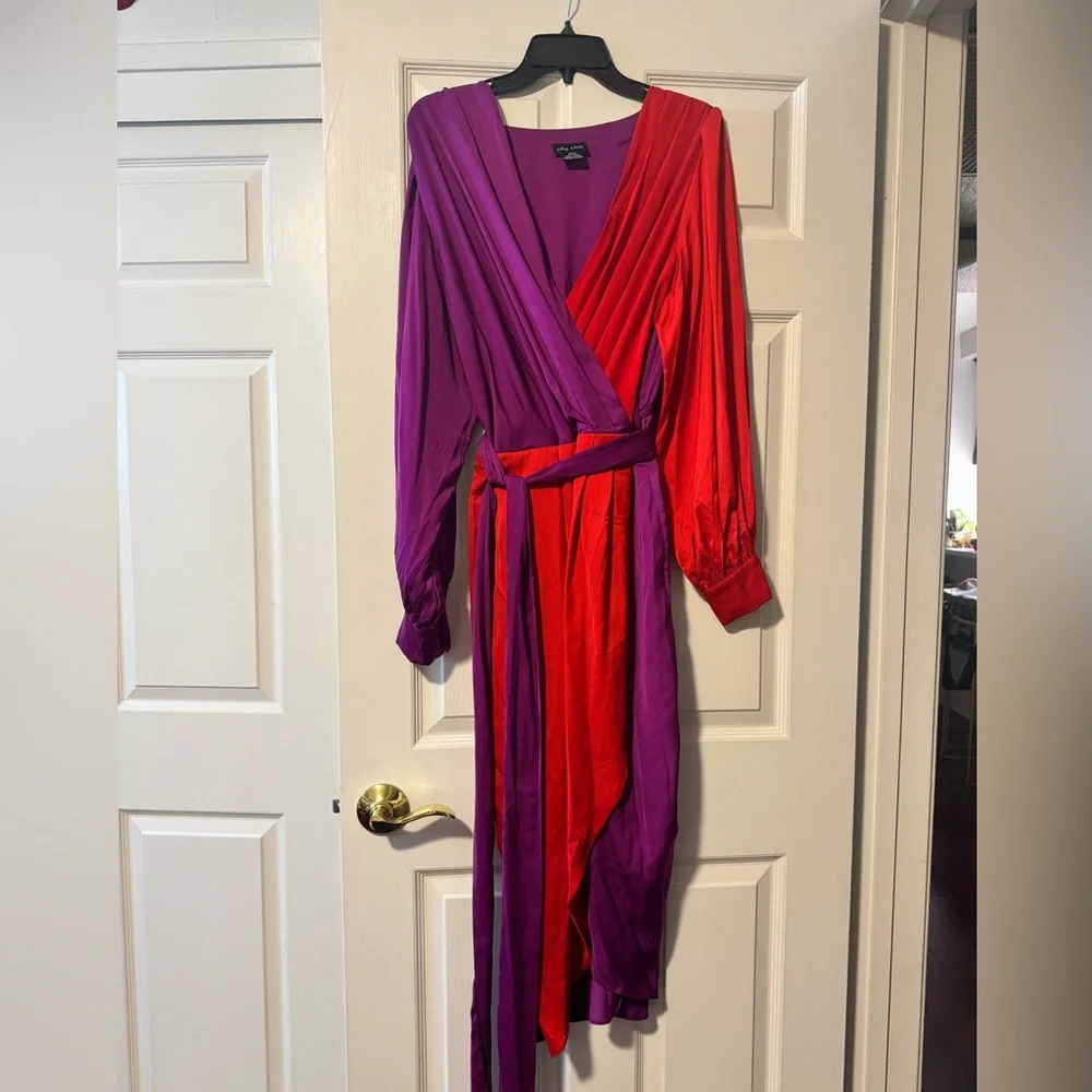 City Chic Red and Purple Long Sleeve Wrap Dress - Picture 2 of 2